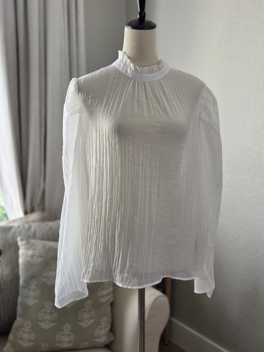 Maeve White Sheer Ruffle-Neck Long-Sleeve Blouse